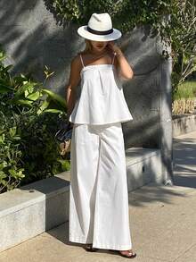 DAZY 女士褶裥吊带背心搭配宽松直筒裤休闲牛仔套装 - 白色 - 查看 2