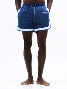 SUMWON Shorts de playa con rayas laterales y logotipo de texto para vacaciones de verano, natación y piscina - Azul - Ver 3