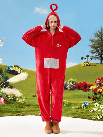 Teletubbies X ROMWE Women Plush Cute Hooded One-Piece Pajama Jumpsuit