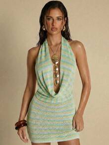 SHEIN BAE Halter Backless Deep Draped Neck Elegant Women Sweater Dress,New Arrivals In 2026,  Beach Vacation Style.Vacation Outfits Women ,Summer Holiday Outfits,Elegant Dress Women ,Holiday ,Vacation .This Green Striped Knit Dress With A Halter Neckline Is Perfect For Beach Vacations, Dates, Casual Outings, And Holidays. Elegant, Sexy, And Relaxed, It's The Ideal Choice For Beach Holidays, Seaside Trips, And Beach Dates. - Multicolor - View 3