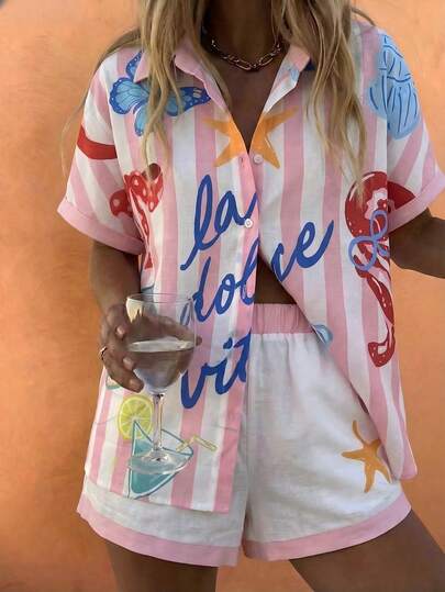 Vaclyn Women's Summer Vacation Casual Printed Shirt & Shorts 2 Pieces Set