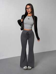 SHEIN PETITE 女士新款抽绳腰喇叭运动裤两件套，适合户外活动，黑色+深灰色两件套，多种颜色可选 - 彩色 - 查看 5