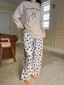 DAZY 两件套女士蝴蝶图案宽松长袖T恤和豹纹睡裤套装 - 藍色 - 查看 4