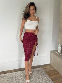 RebeccaVibe 2 件套女士酒红色针织纹理吊带背心上衣和酒红色心形印花抽绳开衩裙，度假装 - 彩色 - 查看 3