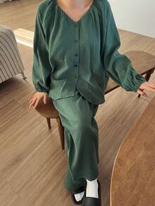 DAZY 绿色简约纹理雪纺褶皱领灯笼袖宽松女士睡衣套装 - 綠色 - 查看 9