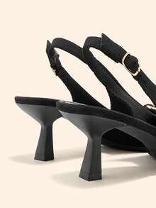 CUCCOO BASICS Zapatos de mujer con cadena metálica, hebilla, cómodos, de punta puntiaguda y tacón bajo sin talón, adecuados para ir al trabajo, vacaciones y diversas ocasiones - Negro - Ver 4