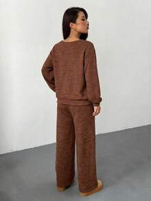 SHEIN PETITE 女士纯色斜肩长袖上衣和裤子休闲套装 - 棕色 - 查看 2