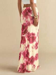 SHEIN BAE 女士印花网纱中长裙，夏季 - 紅色 - 查看 5