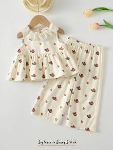 Cozy Pixies 2pcs Baby Girl Floral Print Crew Neck Sleeveless Top And Elastic Waist Pants Set - Multicolor - View 3