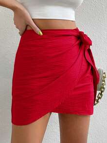 Breezaya Chân váy nữ trơn màu, kiểu dáng thường ngày, buộc eo, thích hợp cho mùa hè. - Gỗ đỏ - Xem 4