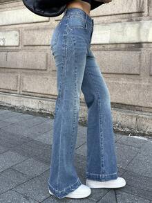 DAZY 女士西部牛仔喇叭牛仔裤，开衩破洞休闲优雅牛仔裤，春秋Y2K风格 - 藍色 - 查看 1