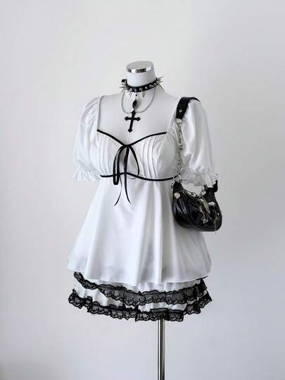 Sunspun New Fashionable Sweet Cute Versatile Bow, Elegant, Vacation Patchwork White Lace Ruffle Heart-Shaped Collar Puff Sleeve Gathered Hem Design Blouse Top For Women, Slim Fit, Flared Hem, Collegiate Style