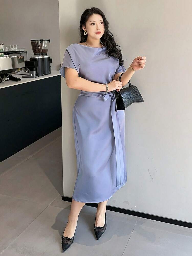 Dazy Plus Elegant Long Waist-Tie Fitted Plus Size Women Dress, Taffeta Fabric, Spring/Summer Dress Sundress