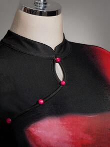 SHEIN ICON Plus Size Women's Retro Sexy Elegant Fashion Urban Modern Bold Individual Avant-Garde Valentine's Day Outfit Millennial Style Y2K New Chinese Style Mesh Black Base Red Flower Print Small Stand Collar Slim Fit Set - Black - View 9