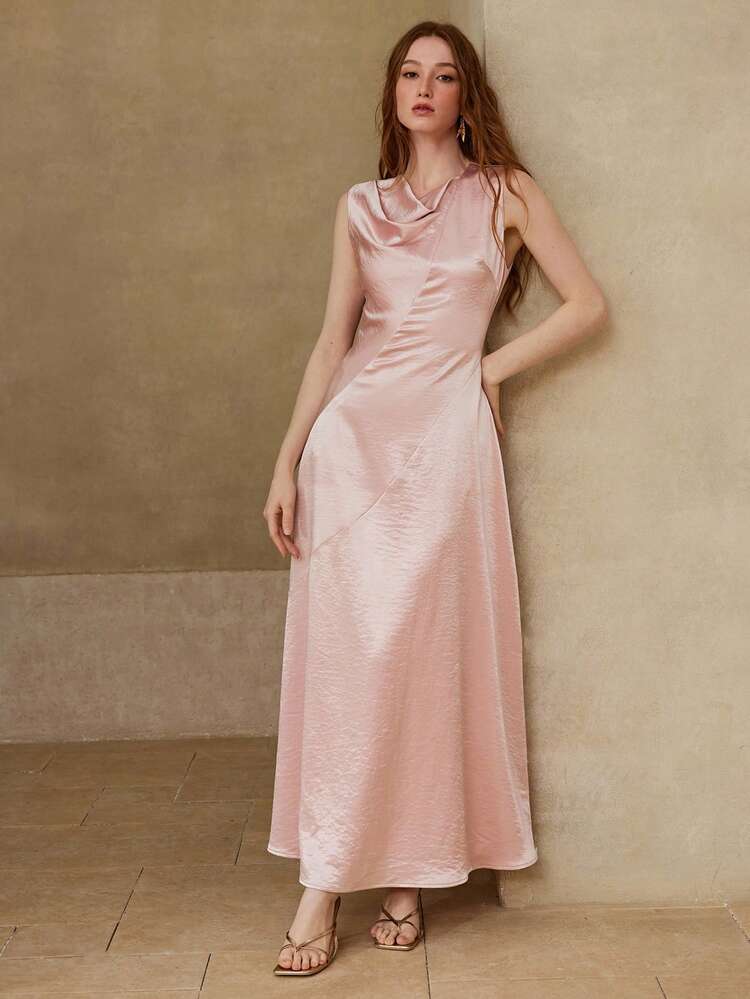 WOMEN'S ELEGANT LONG DRESS WITH SATIN FABRIC, STRUCTURED PANELED DESIGN, SUITABLE FOR SPRING AND SUMMER