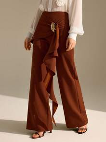 CLARA VERO Damen Asymmetrische Hose mit goldenem Knopf und Rüschensaum, weites Bein - Braun - Übersicht 4