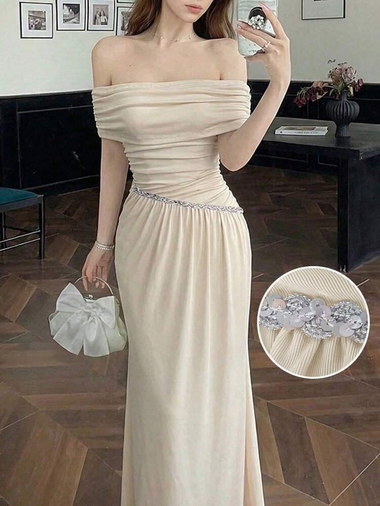 Modelyn Apricot Long Sleeve Off Shoulder Maxi Dress Women's Elegant A-Line Gown With Sequin Embellishment - Apricot - View 1
