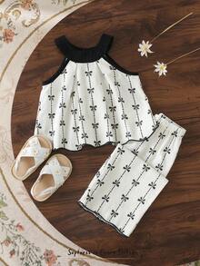 Cozy Pixies 2pcs Baby Girl Bow Decor Camisole And Elastic Waist Pants Set,Cotton Black And White Outfit,Summer Cute Vacation Holiday Resort Wear Clothes - Black and White - View 6