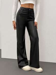 SHEIN Tall Women Solid Zipper Fly PU Flare Leg Pants - Black - View 1