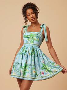 Travachic Women's Romantic Floral Print Tie-Up Vacation Dress - Green - View 1