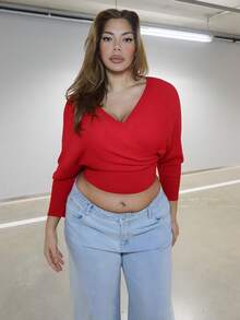 MelDlgn Plus Off Shoulder Surplice Neck Wrap Cross Wrap Cross Sweater In Fall/Winter - Red - View 5