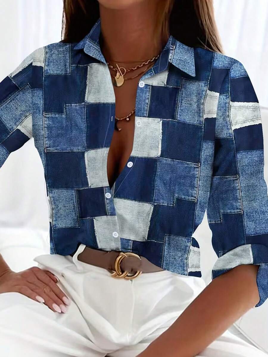 EMERY ROSE Plaid Patchwork Print Turndown Collar Long Sleeve Casual Blouse, Women Tops Spring/Summer - Multicolor - View 1