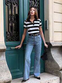 Pariaura 女士法式休闲复古黑白条纹宽松短袖 Polo 领 T 恤 - 黑與白 - 查看 6