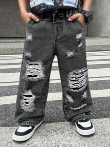 Quần jeans denim xanh dáng rộng, phong cách đường phố retro dành cho bé trai, thích hợp mặc hàng ngày vào mùa xuân và mùa hè. - màu đen - Xem 2