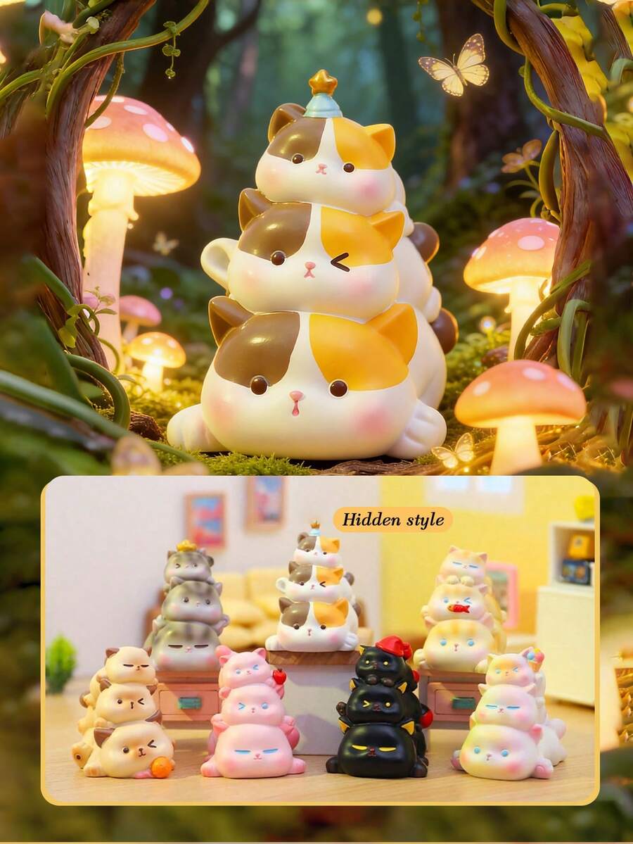POKOJA LAND 1/6件装猫咪叠叠乐神秘盒可爱宠物桌面装饰卡通汽车摆件创意仪表盘小雕像减压指尖玩具办公室家居装饰 - 彩色 - 查看 1