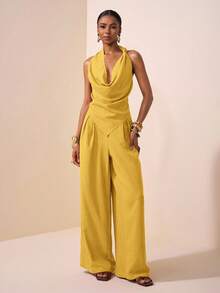 Zivah 2025 Spring/Summer New Music Festival, Easter, St. Patrick's Day, Western, Nomadic, Birthday Party, Graduation, College, Student, Casual, Daily, All-Match, Leisure, Vacation, Cruise, Beach, Sunbathing, Trending, Streetwear, Wedding Guest, Boho, Commute, Brunch, Airport Asymmetric Knot Design Pointed Collar Top In Brown Textured Fabric, Flared Collar Top And Wide Leg Pants Linen 2-Piece Set - Yellow - View 1