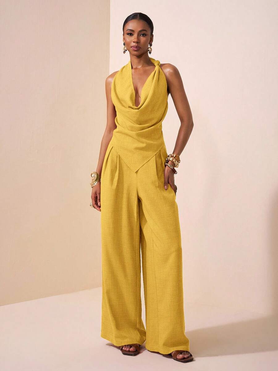 Zivah 2025 Spring/Summer New Music Festival, Easter, St. Patrick's Day, Western, Nomadic, Birthday Party, Graduation, College, Student, Casual, Daily, All-Match, Leisure, Vacation, Cruise, Beach, Sunbathing, Trending, Streetwear, Wedding Guest, Boho, Commute, Brunch, Airport Asymmetric Knot Design Pointed Collar Top In Brown Textured Fabric, Flared Collar Top And Wide Leg Pants Linen 2-Piece Set - Yellow - View 1