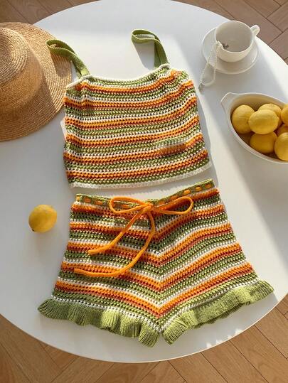 Comfortcana 女士时尚套装，彩色优雅吊带背心搭配荷叶边短裤，休闲沙滩两件套