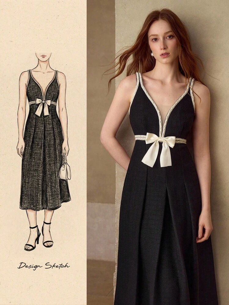 WOMEN'S BOW DECOR FAUX PEARL CHAIN DECOR MIDI DRESS, SUITABLE FOR DATES AND PARTIES