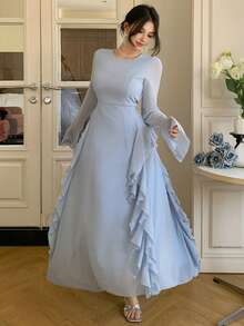 DAZY Đầm cocktail dáng midi ôm sát cổ bèo cho nữ, thích hợp làm đầm dự tiệc cưới hoặc đầm mùa hè. - Màu xanh lam - Xem 6