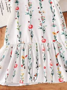 Emery Rose Kids 少女可爱休闲泡泡袖彼得潘领拼接连衣裙，领口饰有蝴蝶结 - 白色 - 查看 7