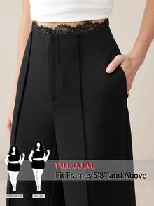 SHEIN Tall CURVE 新款加大码女式高个女孩黑色休闲蕾丝拼接阔腿裤，高腰设计，显瘦显腿长，适合高个女性。适合所有季节和场合，适合高个女孩和女性，夏季阔腿裤，夏季休闲装，夏季度假装，女士长裤，春季装，阔腿裤，办公裤，优雅裤，休闲裤，夏季高腰显瘦阔腿裤，优雅女士礼服裤，优雅派对裤，女士优雅裤，优雅长裤，女士度假装，女士假日装，夏季假日装服装、夏季度假服装、女士休闲裤、女士性感裤、狂欢节服装、2026年狂欢节女士造型、2026年狂欢节女士服装、狂欢节女士服装 - 黑色 - 查看 1