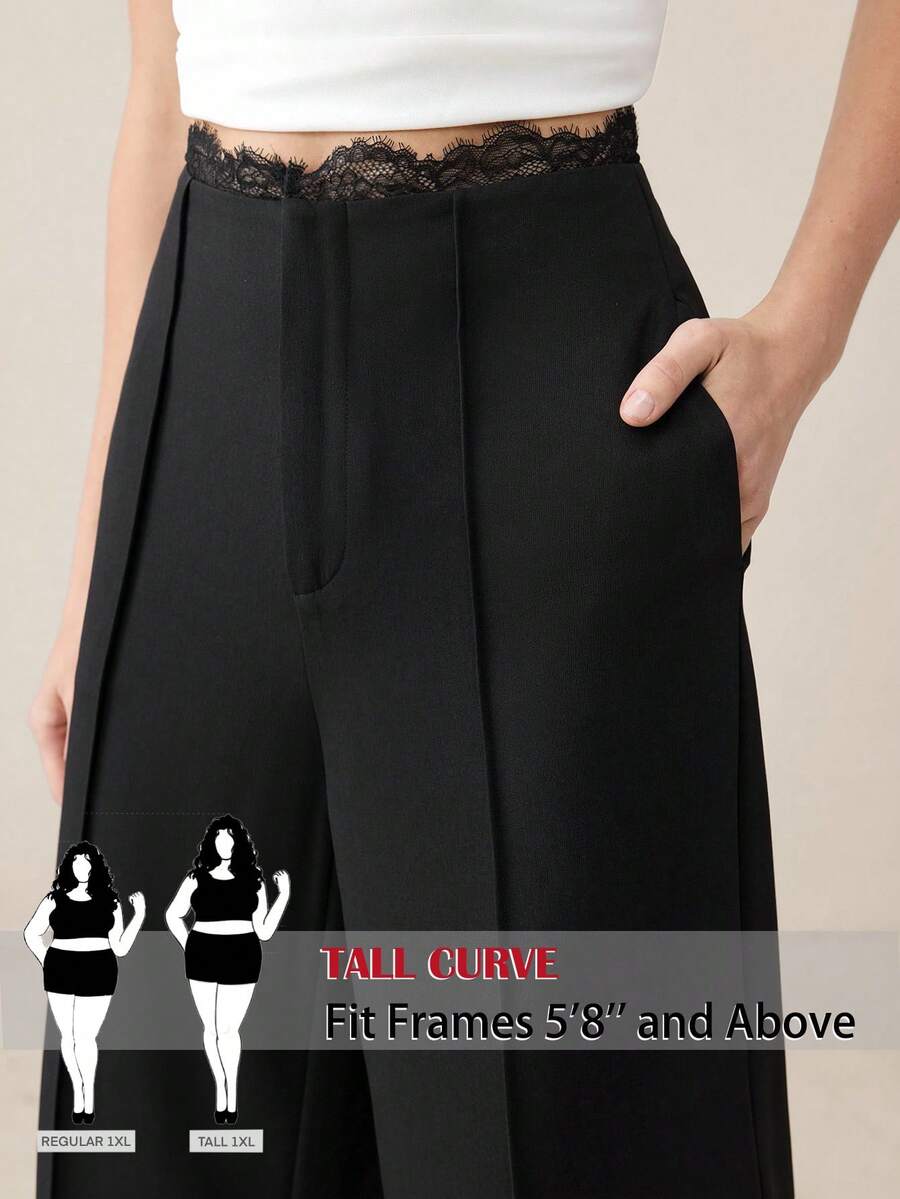 SHEIN Tall CURVE 新款加大码女式高个女孩黑色休闲蕾丝拼接阔腿裤，高腰设计，显瘦显腿长，适合高个女性。适合所有季节和场合，适合高个女孩和女性，夏季阔腿裤，夏季休闲装，夏季度假装，女士长裤，春季装，阔腿裤，办公裤，优雅裤，休闲裤，夏季高腰显瘦阔腿裤，优雅女士礼服裤，优雅派对裤，女士优雅裤，优雅长裤，女士度假装，女士假日装，夏季假日装服装、夏季度假服装、女士休闲裤、女士性感裤、狂欢节服装、2026年狂欢节女士造型、2026年狂欢节女士服装、狂欢节女士服装 - 黑色 - 查看 1