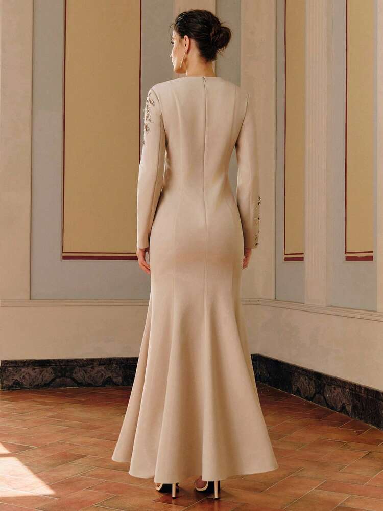 Vestido Elegante de Alta Qualidade com Aplicação de Strass Tamanho Padrão Feminino, Vestido de Festa Sofisticado de Moda, Vestido de Manga Longa para Sair, Fairycore, Vestidos de Outono para Mulheres