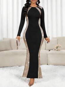 SHEIN Lady 女士亮片拼接圆领长袖修身连衣裙，优雅迷人 - 彩色 - 查看 7