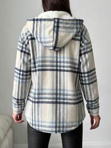 EURMUSE Cotton Ladies' Plaid Drawstring Hooded Regular-Fit Jacket - Blue and White - View 2