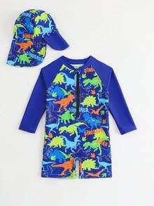 Baby BoyCartoon Dinosaur Print Front Zipper Long Sleeve Rash Guard Swimsuit With Beach Hat, Baby Boys Summer Beach Holiday Outfit Set - Blue - View 5
