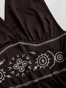 Sweetra Women's Bohemian Brown Embroidered Halter Neck Jumpsuit - Coffee Brown - View 3