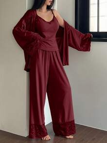 DAZY 3pcs Lace Patchwork Robe, Camisole & Pants Women Sleepwear Set - Burgundy - View 4