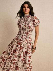 Poéselle 女士印花褶皱立领短泡泡袖优雅连衣裙，适合度假穿着 - 杏色 - 查看 3