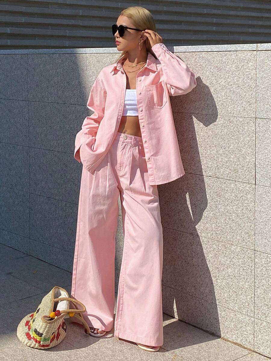 DAZY Women's Collared Loose Shirt And Straight-Leg Pants Casual Denim Set, Elegant And Girly Pink Aesthetic - Pink - View 1