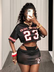 BamGleam Women's Numeric Print Round Neck Short Sleeve Cropped Top And Bodycon Mini Skirt Sexy 2-Piece Set - Multicolor - View 4