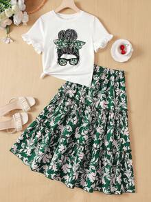 SHEIN 两件套少女休闲度假短袖T恤和印花长裙，适合度假、假日、午餐、音乐节、户外活动等场合。 - 彩色 - 查看 1