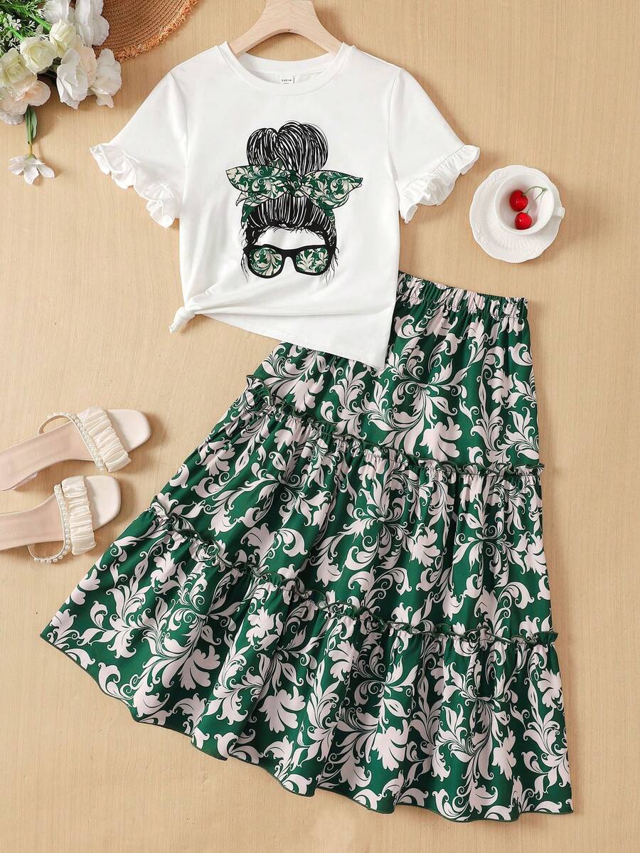 SHEIN 两件套少女休闲度假短袖T恤和印花长裙，适合度假、假日、午餐、音乐节、户外活动等场合。 - 彩色 - 查看 1