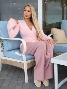 女士宽松系带休闲开衫、长袖上衣 - 粉色 - 查看 4