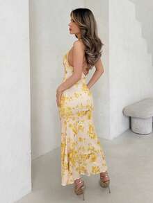 Jemour Vintage Yellow Floral Print Draped Neck Maxi Dress For Women, French Style Summer Boho Suitable For Going Out Chic Dress - Multicolor - View 2